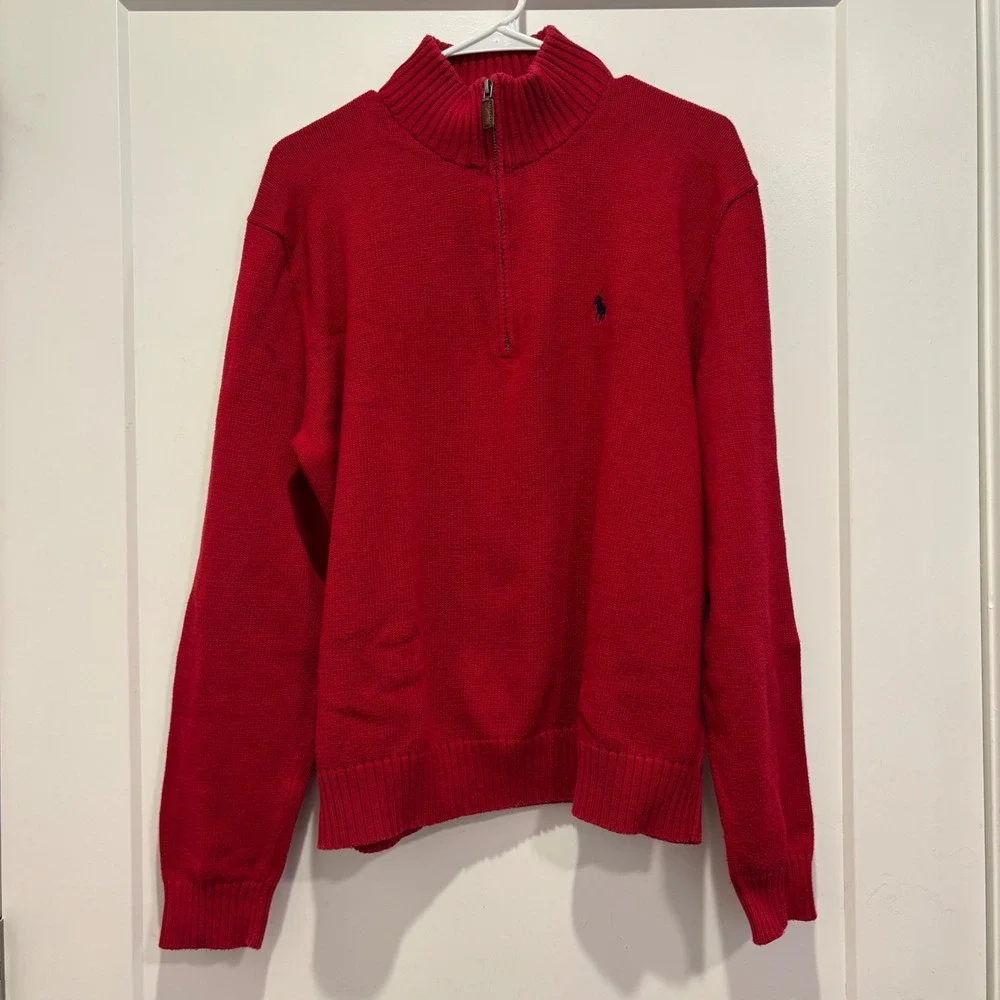 Polo Ralph Lauren Red Quarter Zip‎ Cotton Sweater Mens Large Pony Logo Mock Neck